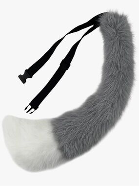 Gray and White Faux Fur Fox Tail Accessory with Adjustable Strap
